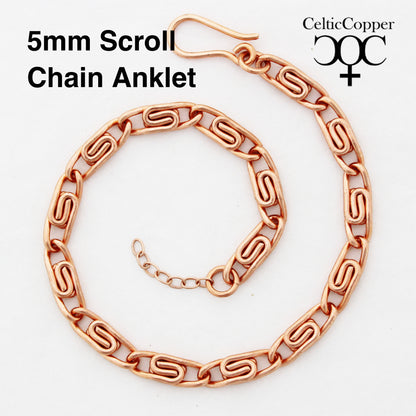 Solid Copper Ankle Bracelet Medium Celtic Scroll Chain Anklet AC66 Medium Weight Adjustable Solid Copper Anklet Chain