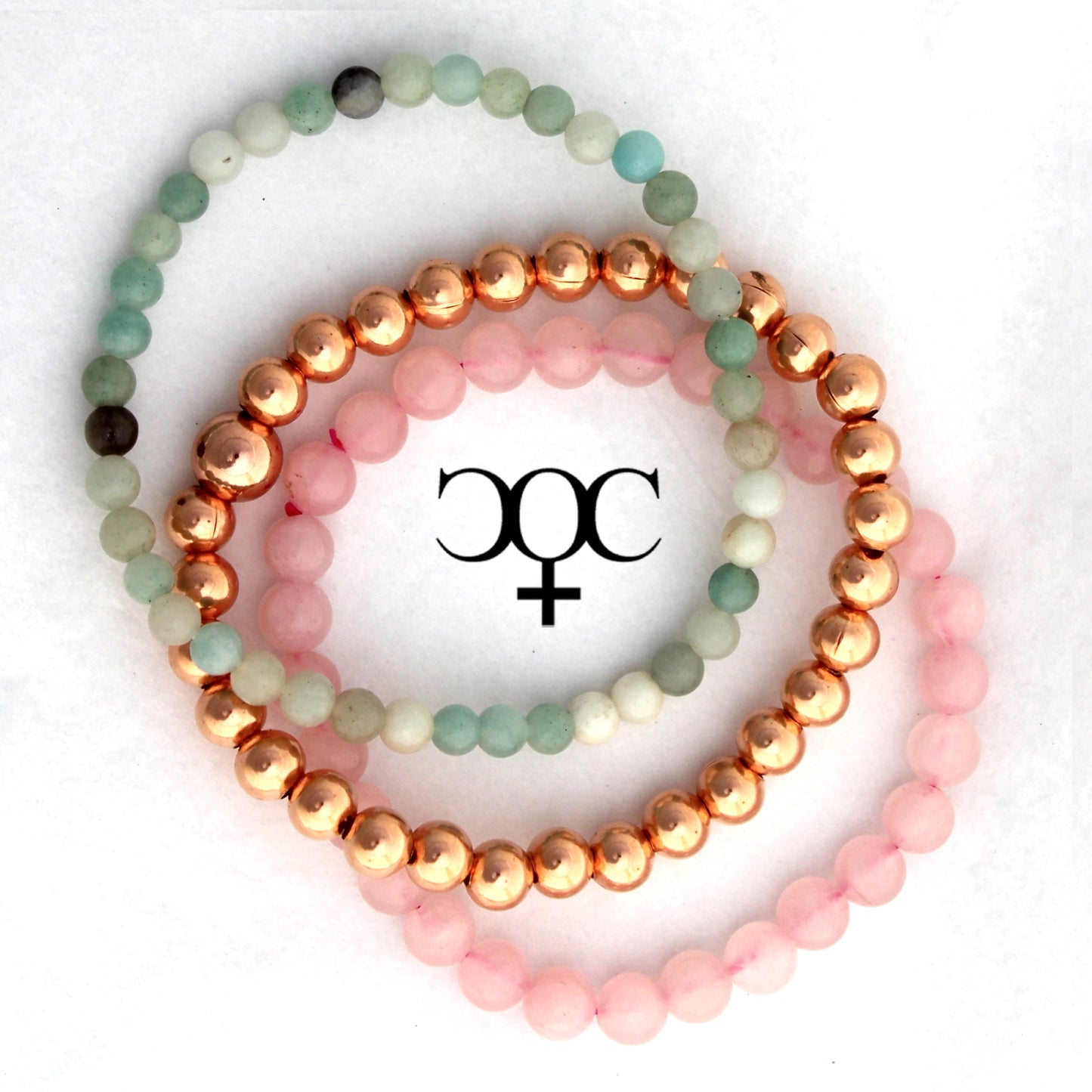 Rose Quartz Copper Bracelet Set Round Beaded Elastic Flower Amazonite Copper Bracelets 3 Piece Set