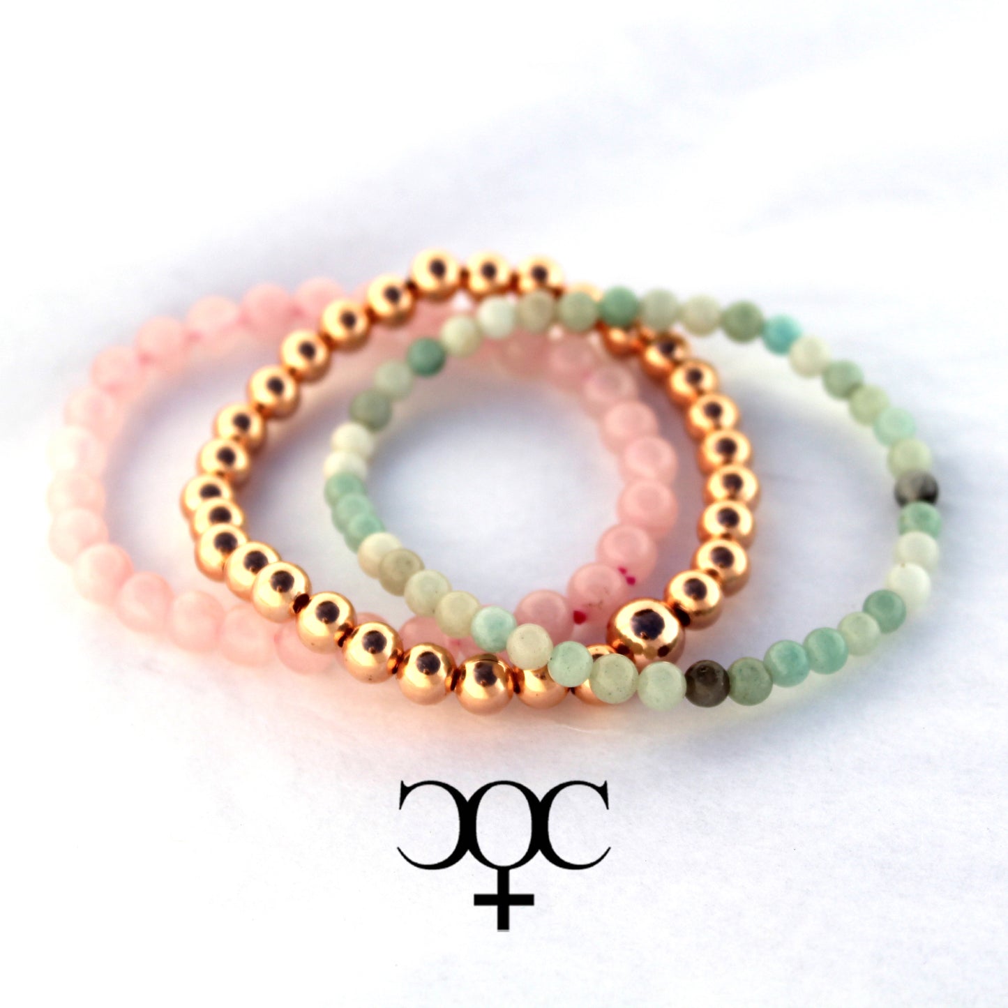 Rose Quartz Copper Bracelet Set Round Beaded Elastic Flower Amazonite Copper Bracelets 3 Piece Set