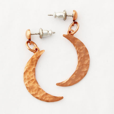 Luna Crescent Moon Copper Charm Earrings Hammered Copper Moon Charms On Post Or Wire Earrings