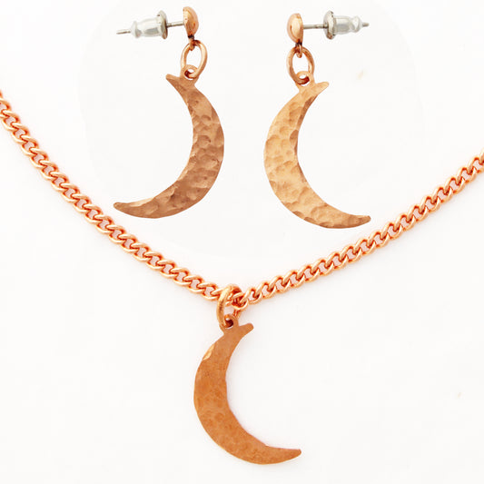 Luna Crescent Moon Copper Necklace Set Solid Copper Hammered Moon Pendant Chain Matching Earrings