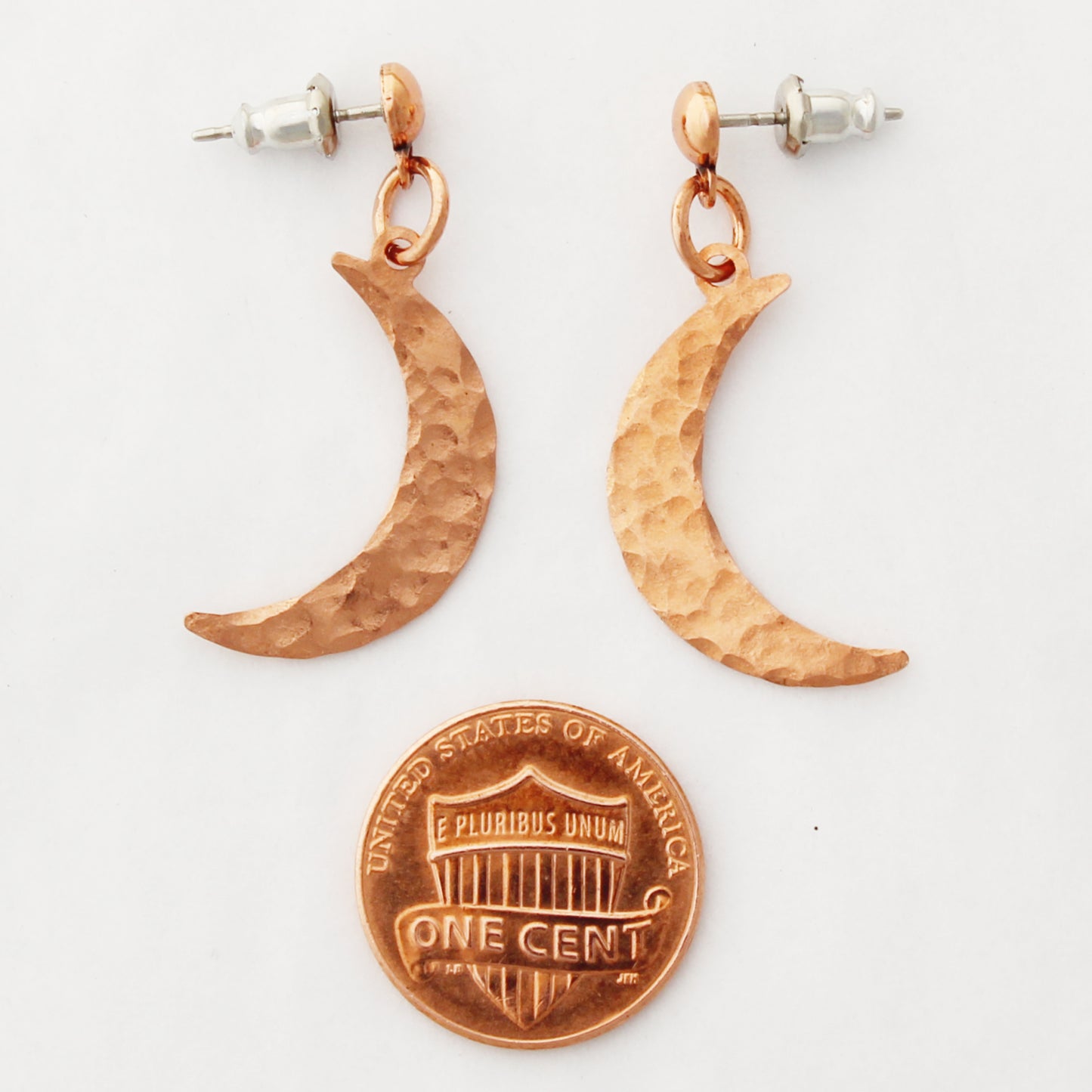 Luna Crescent Moon Copper Charm Earrings Hammered Copper Moon Charms On Post Or Wire Earrings