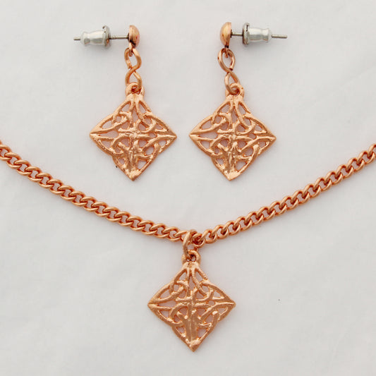 Celtic Knotwork Diamond Charm Necklace Set Solid Copper Pendant Necklace With Matching Earrings