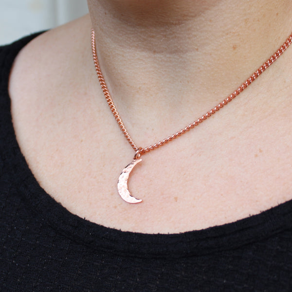 Copper Crescent Moon Charm Necklace Hammered Copper Moon Pendant Solid Copper Curb Chain Necklace