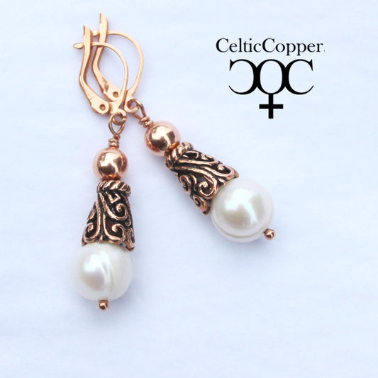 Scrolled Copper And Freshwater Pearl Earrings Large 10mm Creamy White Cultured Pearl Drop Earrings