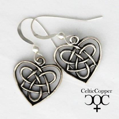 Sterling Silver Celtic Knotwork Heart Earrings Solid Silver Heart Shaped Drop Earrings