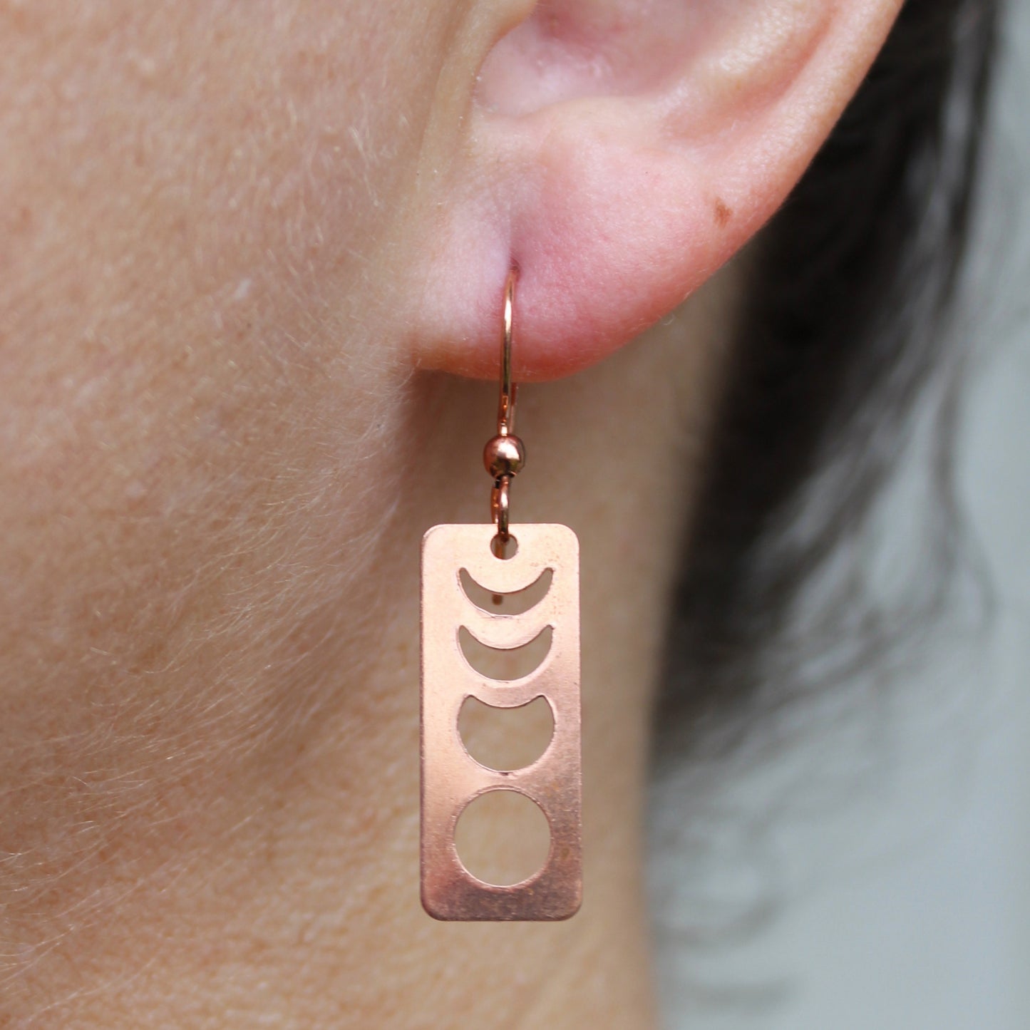 Copper Moon Phase Charm Earrings Post Or Wire Solid Copper Lunar Phase Eclipse Earring Dangles