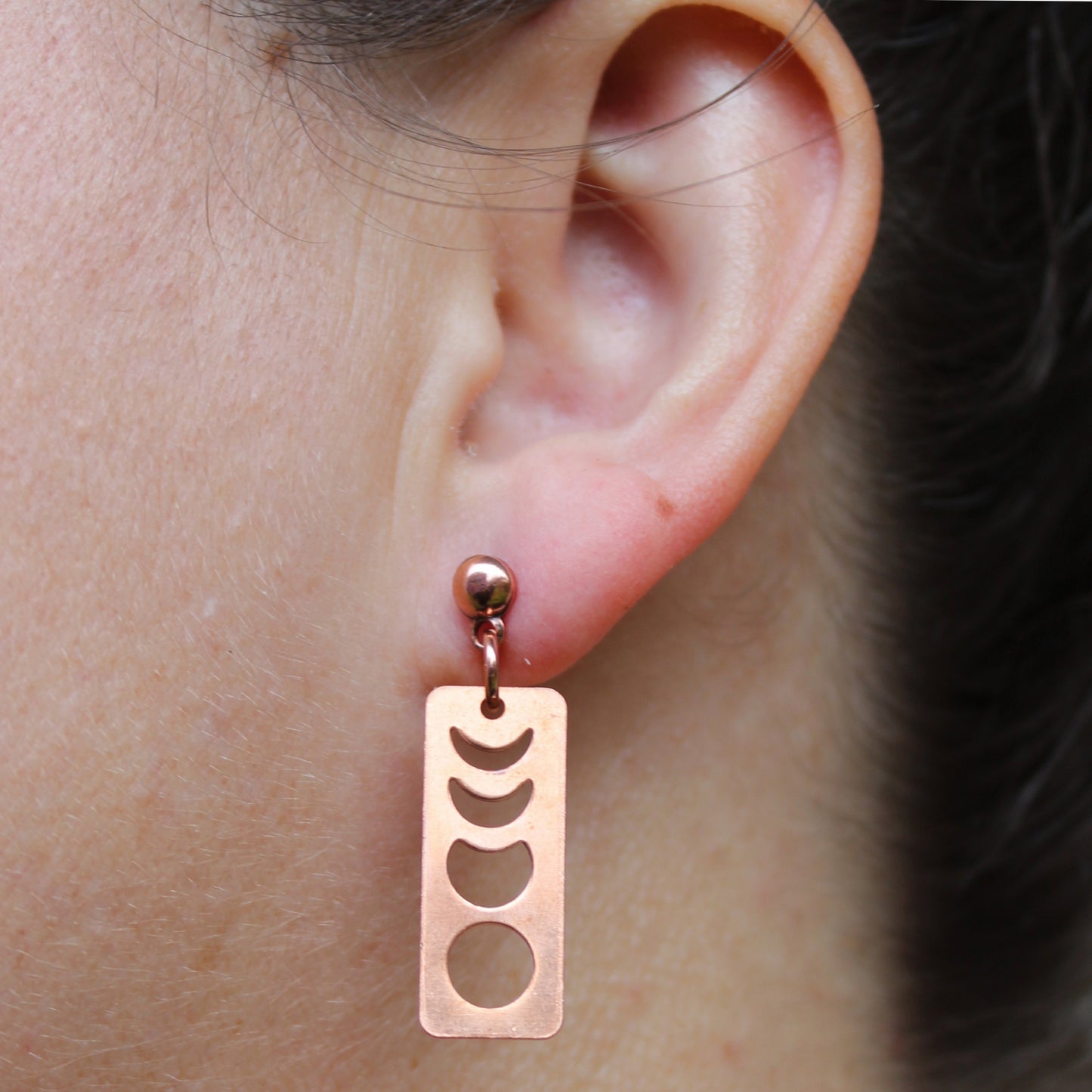 Copper Moon Phase Charm Earrings Post Or Wire Solid Copper Lunar Phase Eclipse Earring Dangles