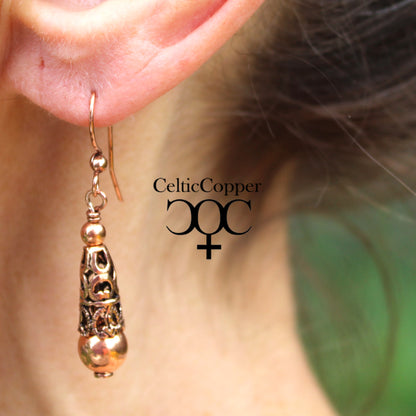 Copper Drop Designer Earrings With Handmade Vintage Cone Beads And Round 8mm Copper Bead Earrings