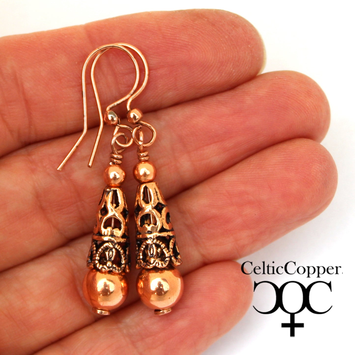 Copper Drop Designer Earrings With Handmade Vintage Cone Beads And Round 8mm Copper Bead Earrings