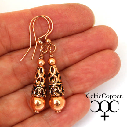 Copper Drop Designer Earrings With Handmade Vintage Cone Beads And Round 8mm Copper Bead Earrings