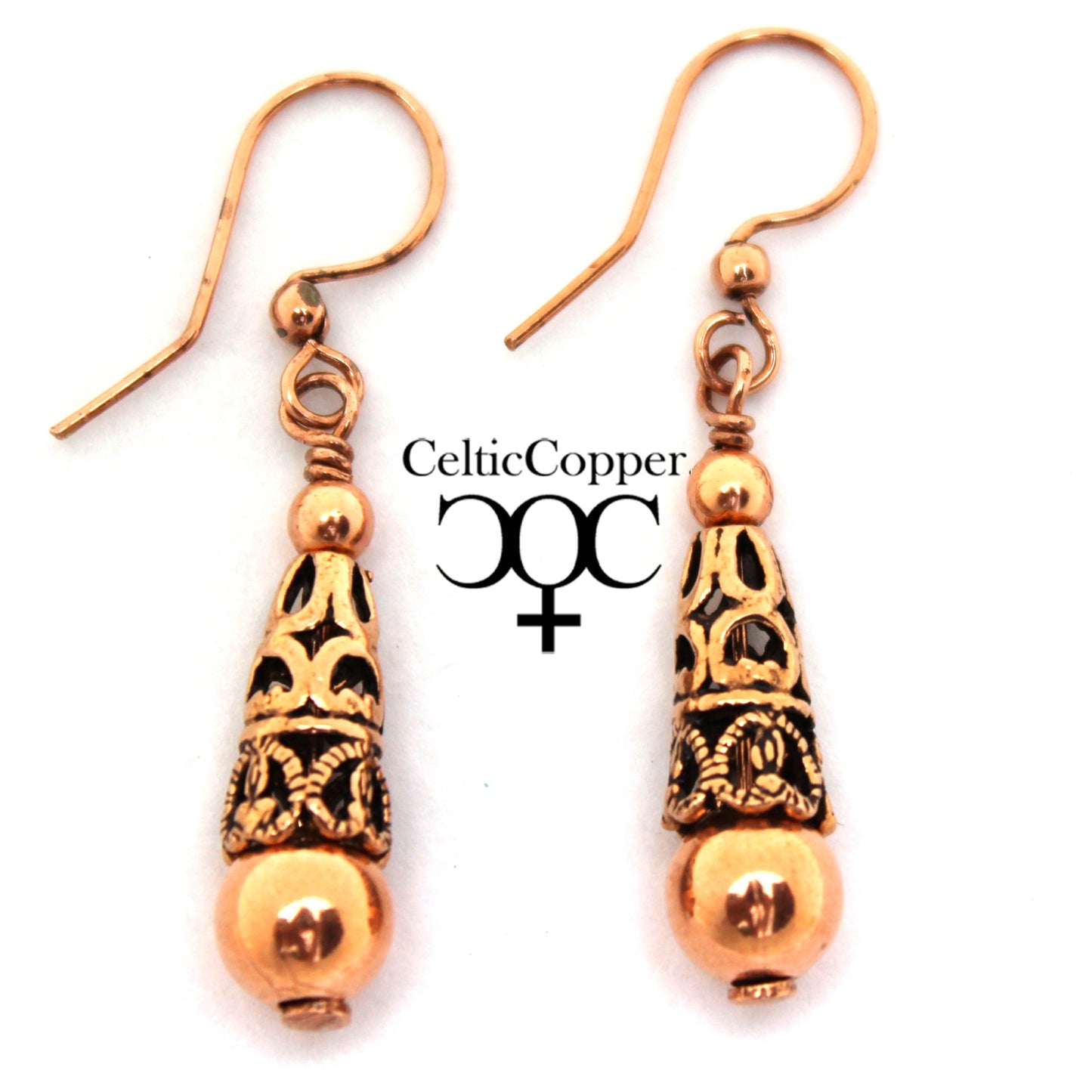 Copper Drop Designer Earrings With Handmade Vintage Cone Beads And Round 8mm Copper Bead Earrings