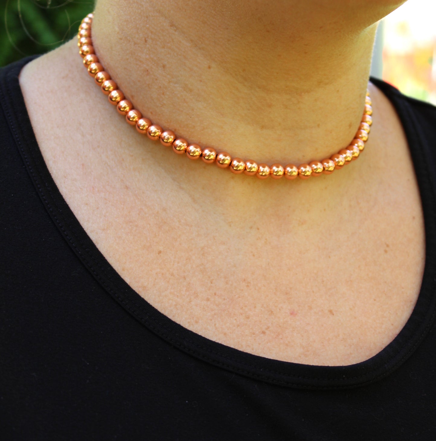 Copper Beaded Necklace Easy Wear Elastic Stretch Necklace Shiny 6mm Round Solid Copper Beads