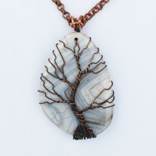 Winter Tree Agate Cabochon Necklace Copper Wire Tree Pendant 16-Inch Solid Copper Double Cable Chain