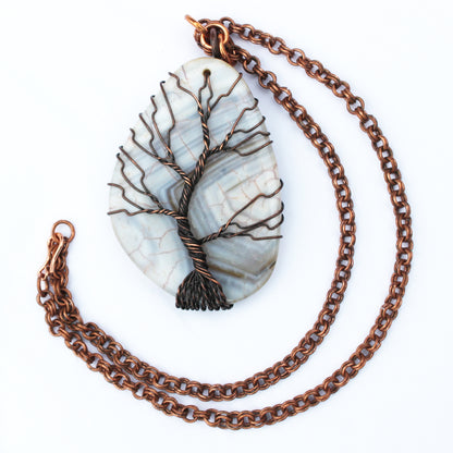 Winter Tree Agate Cabochon Necklace Copper Wire Tree Pendant 16-Inch Solid Copper Double Cable Chain