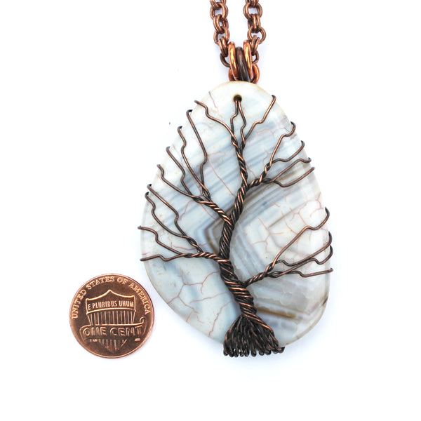 Winter Tree Agate Cabochon Necklace Copper Wire Tree Pendant 16-Inch Solid Copper Double Cable Chain