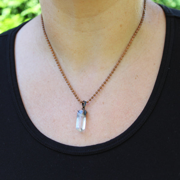 Natural Quartz Crystal Pendant Necklace Copper Electroplate Crystal Pendant Oxidized Copper Chain