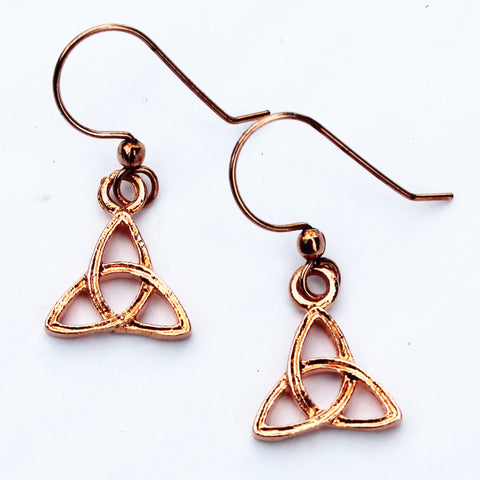 Copper Trinity Drop Charm Earrings Trilogy Power of 3 Mind Body Spirit Solid Copper Triquetra Earrings