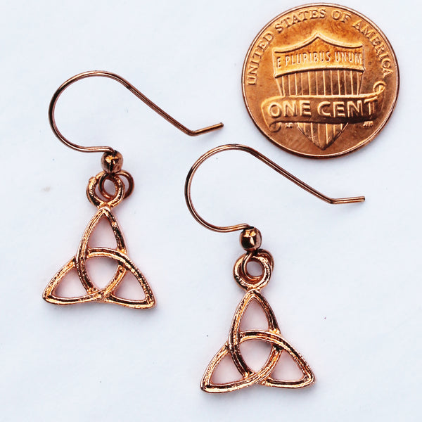 Copper Trinity Drop Charm Earrings Trilogy Power of 3 Mind Body Spirit Solid Copper Triquetra Earrings