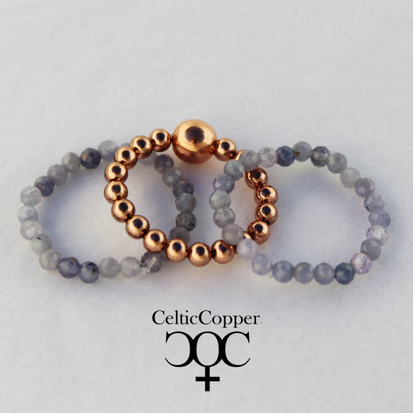 Beaded Copper Ring Set Pure Healing Copper Violet Blue Tanzanite 3 Piece Beaded Elastic Ring Set