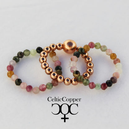 Beaded Copper Ring Set Pure Healing Copper Multi Colored Tourmaline 3 Piece Beaded Elastic Ring Set