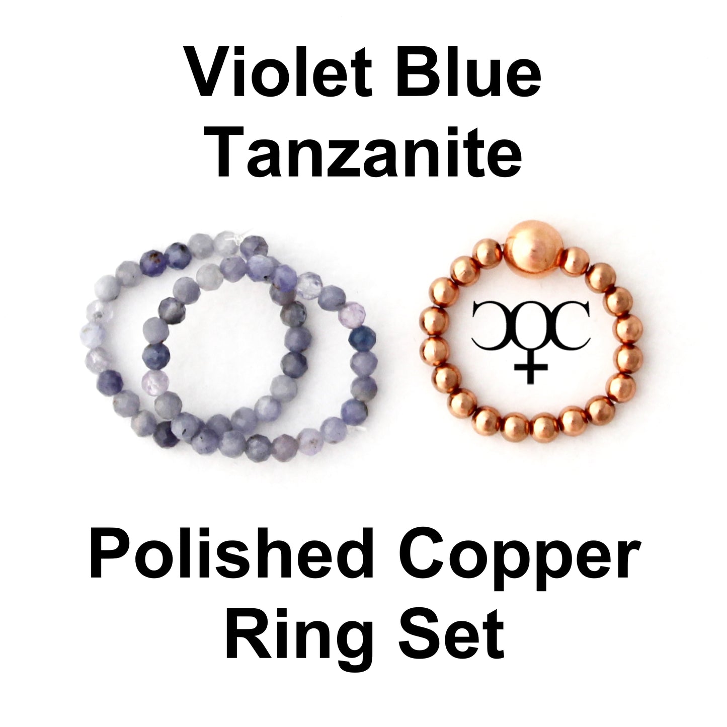 Beaded Copper Ring Set Pure Healing Copper Violet Blue Tanzanite 3 Piece Beaded Elastic Ring Set