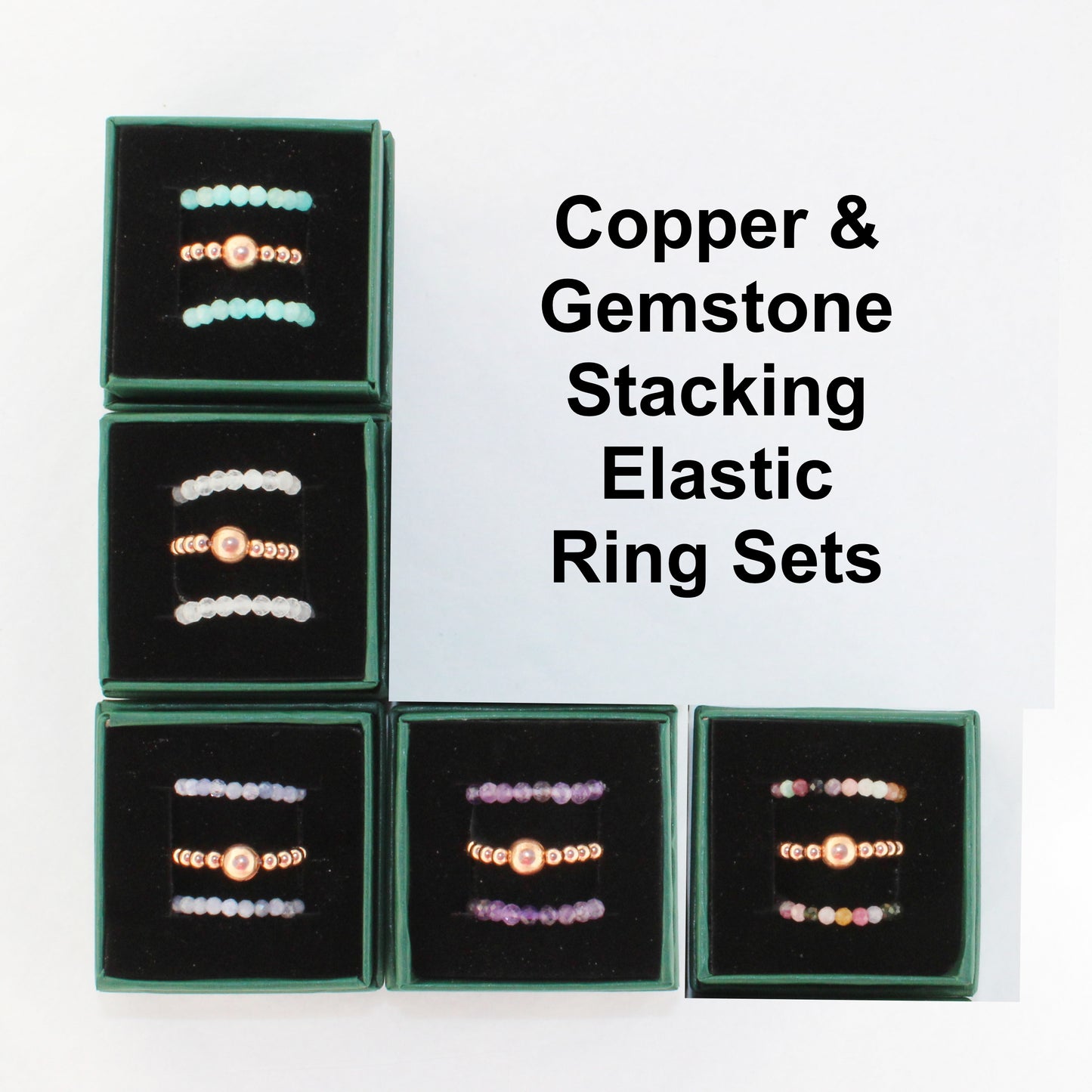 Beaded Copper Ring Set Pure Healing Copper Multi Colored Tourmaline 3 Piece Beaded Elastic Ring Set