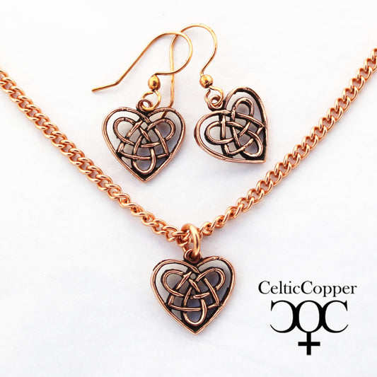 Irish Love Charm Necklace Set Solid Copper Pendant Necklace Chain Matching Heart Shaped Earrings