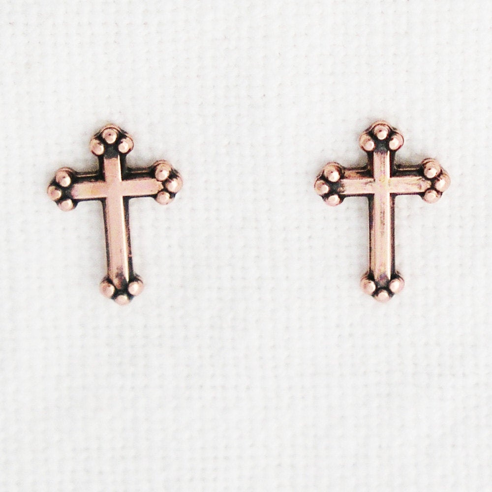 Copper Stud Earrings 2 Pair Set Copper Ball Studs And Copper Florentine Cross Earrings