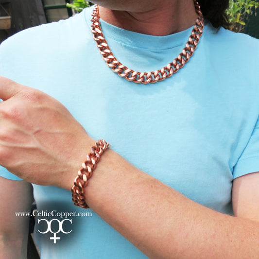 Copper Necklace Chain Set For Men Heavy Duty 18" Curb Chain Necklace And Matching Bracelet SET7918