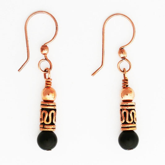 Copper Drop Earrings With Black Obsidian And Handmade Copper Beads ECPX Solid Copper Dangle Style Earrings