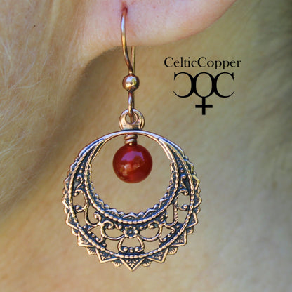 Copper Filigree Crescent Hoop Earrings with Gemstone Drops ECD48G Solid Copper Earrings With Gemstones